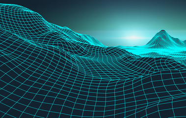 Wall Mural - retro background futuristic landscape 1980s style. digital retro landscape cyber surface. retro musi