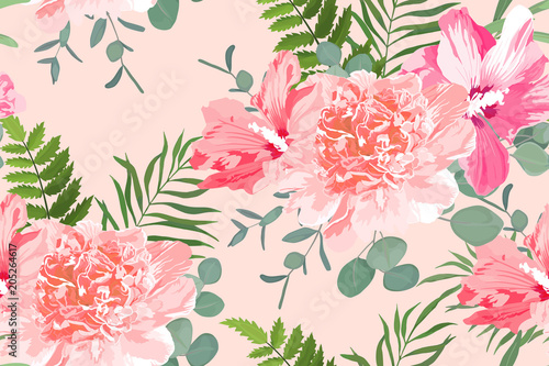 Floral summer seamless pattern with peony, hibiscus, eucalyptus and fern. Vec...