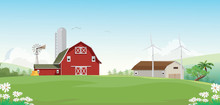 Illustration Of Mountain Countryside With Red Farm Barn