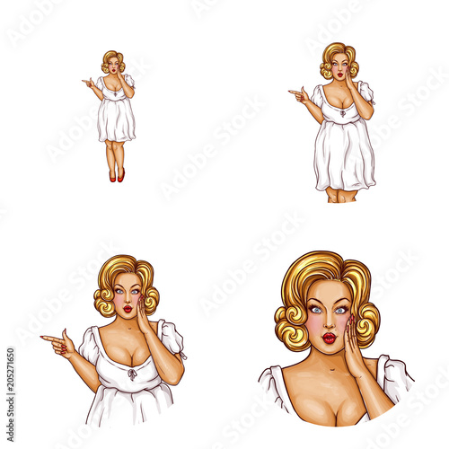 Vector Pop Art Avatar Of Surprised Obese Blonde Woman In Dress Pointing At Sale Offers User