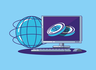 Poster - computer and global sphere over blue background, colorful design. vector illustration