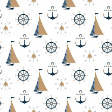 Sailboat , Ship Bell, Nautical Anchor, Steering Wheel Seamless Pattern.