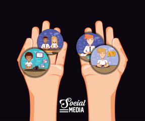 Sticker - social media design with hands with people over black background, colorful design. vector illustration