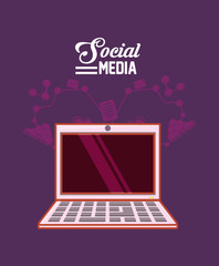 Sticker - Laptop computer with social media related icons over purple background, colorful design. vector illustration