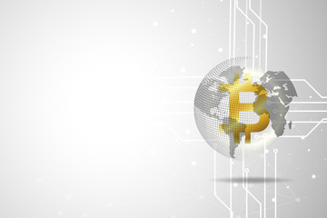 Wall Mural - golden bitcoin digital currency and world global and technology network circle point and line compos