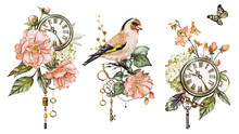 Steam Punk Watercolor  Illustration With Roses, Clock, Clockwork, Feathers, Jewelry, Bird, Flowers.  Isolated On White Background. Vintage Print.
