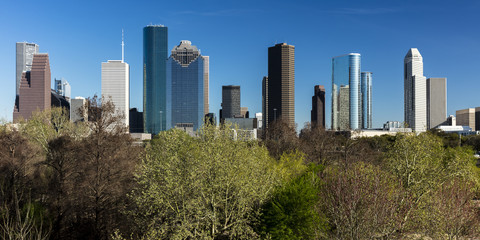 Wall Mural - MARCH 7, 2018 , HOUSTON, TEXAS - High rise buildings in Houston cityscape illuminated at sunset, Texas, United States, Texas, United States