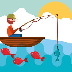 Canvas Print - fisherman in the boat with fish in rod hook vector illustration