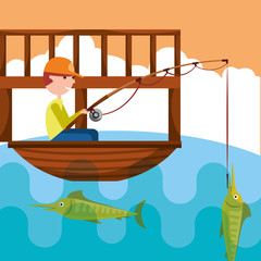 Canvas Print - fisherman in the boat with fish in rod hook vector illustration