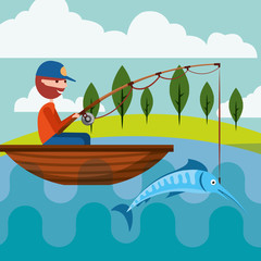 Canvas Print - fisherman in the boat with fish in rod hook vector illustration