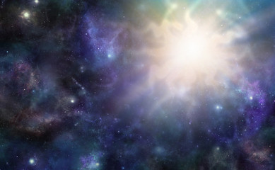 Wall Mural - deep space cosmic event - wide panel of dark starry outer space with a massive irregular shaped ligh