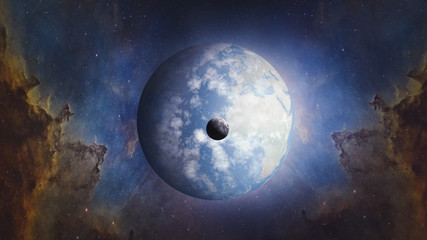 Wall Mural - world and moon. surrealistic and fantastic 3d rendering. clouds, stars, orion nebula, earth is rotat