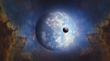 Wall Mural - world and moon. surrealistic and fantastic 3d rendering. clouds, stars, orion nebula, earth is rotat