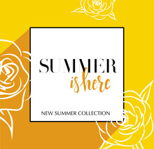 Design Banner With Lettering Summer Is Here Logo. Yellow Card For Spring Season With Black Frame And Wthite Roses. Promotion Offer Summer Collection With Spring Roses Flower Decoration. Vector