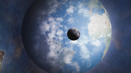 Wall Mural - world and moon. surrealistic and fantastic 3d rendering. clouds, stars, orion nebula, earth is rotat
