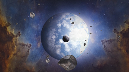 Wall Mural - world and moon. surrealistic and fantastic 3d rendering. meteorites, clouds, stars, orion nebula, se