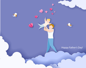 Handsome man with his son. Happy fathers day card. Paper cut style. Vector illustration