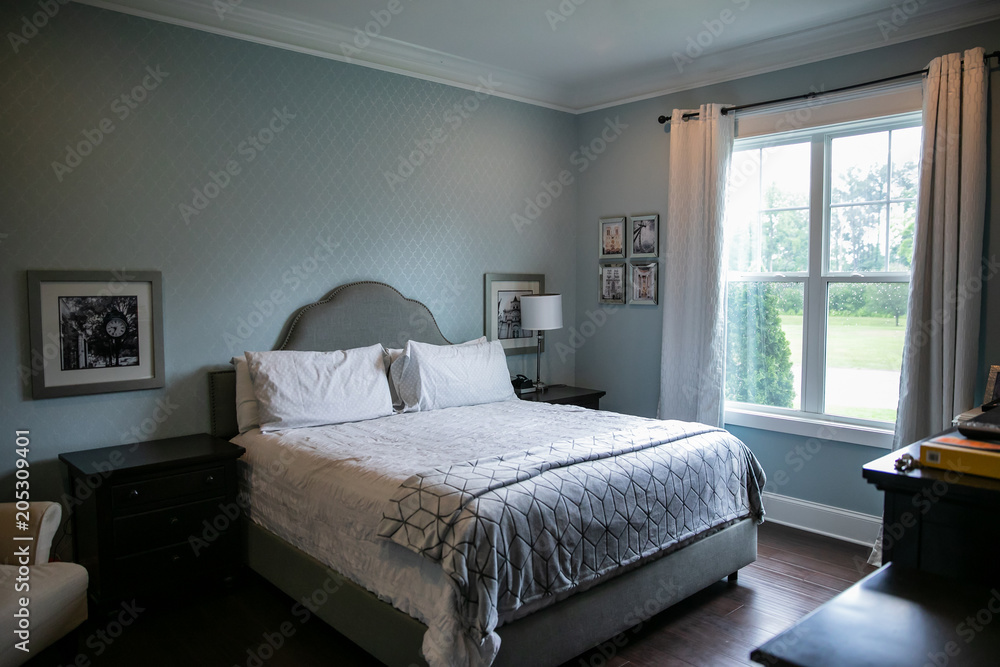Light Blue Master Bedroom In New And Modern Home Foto