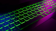 Gamer Keyboard With Green, Blue And Purple Backlight, Modern Laptop Computer.