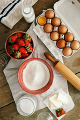 Poster - Raw ingredients cooking strawberry pie cake top view flat lay Recipe strawberry pie