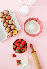 Poster - Raw ingredients cooking strawberry pie cake top view flat lay Bakery background Recipe strawberry pie