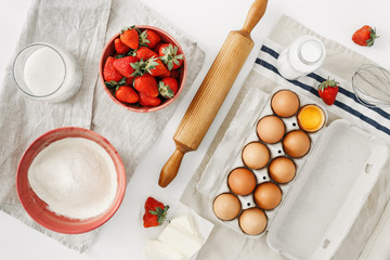 Poster - Raw ingredients cooking strawberry pie cake top view flat lay Recipe strawberry pie