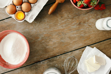 Canvas Print - Frame raw ingredients cooking strawberry pie cake top view flat lay Recipe strawberry pie