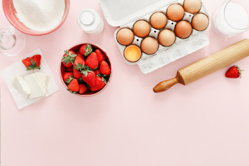Poster - Raw ingredients making strawberry pie cake Bakery background Recipe strawberry pie