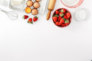 Poster - Raw ingredients cooking strawberry pie cake top view flat lay Recipe strawberry pie