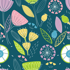 Wall Mural - seamless pattern with different plants and leaves naive style. flowers stylized on dark blue backgro