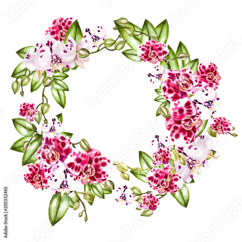 Beautiful, bright watercolor wreath with orchids.