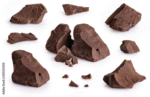 Fotografía Pieces of dark chocolate isolated on white background.