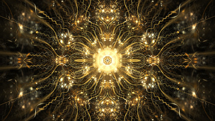 Wall Mural - Abstract intricate symmetrical golden ornament. Fantastic fractal mandala. Psychedelic digital