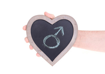 Adult holding heart shaped chalkboard - Male