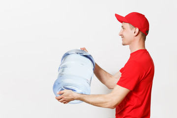 Wall Mural - Content delivery courier or dealer man in red uniform carrying bottle of fresh water to office cooler isolated on white background. Professional happy male in cap t-shirt. Copy space for advertisement