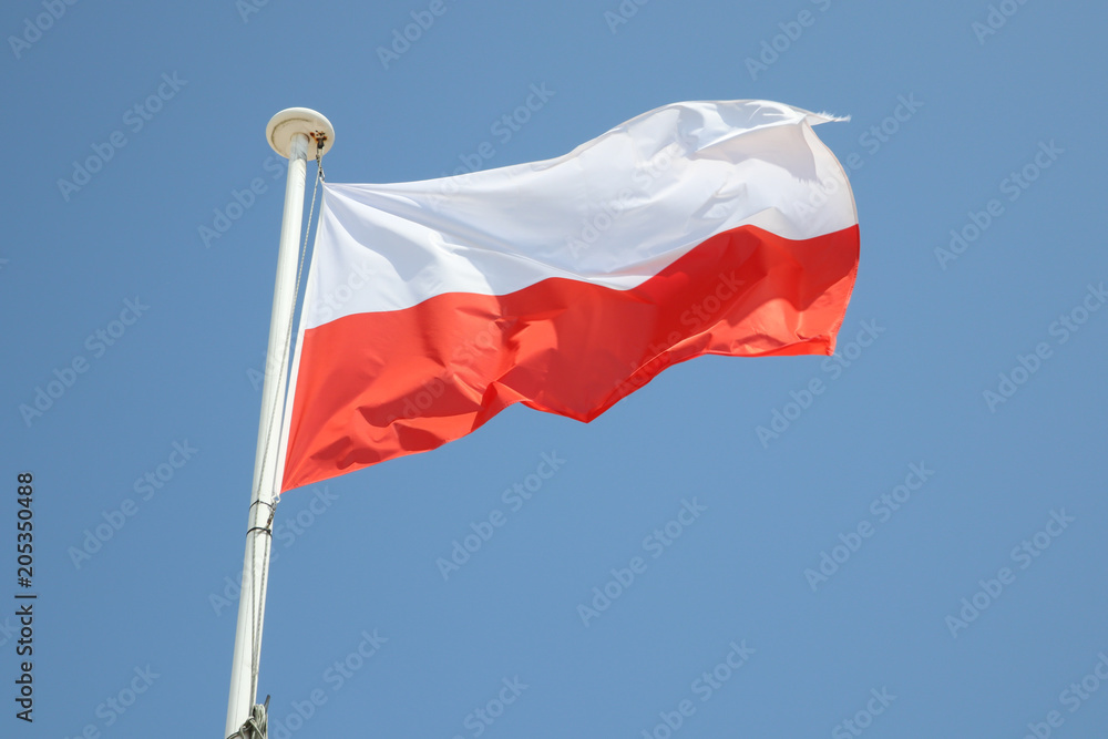 poland flag on a mat in the wind and blue sky - obrazy, fototapety, plakaty 