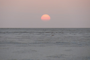 Wall Mural - pink sun at dawn; gray salt marshes in the Sahara Desert, Tunisia