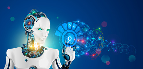 Aufkleber - Robot with artificial intelligence. Wise cyborg with higher or supreme mind working on abstract hud virtual interface. Future science concept. Industrial revolution 4.0