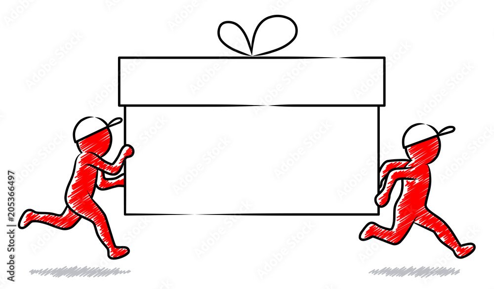 Schnelle Lieferung: Rote Strichmännchen bringen große Geschenkbox mit ...