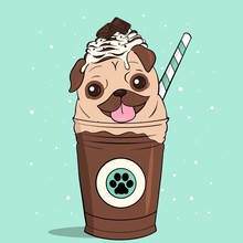 Take Away Coffee / Creative Conceptual Still Life Illustration. Cute Pug Dog In Takeaway Coffee Cup.