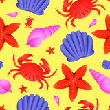 Fototapeta Motyle - Vector seamless sea theme pattern. Crab, fish star and shell on yellow background, summer pattern