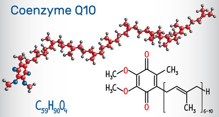 Sticker - Coenzyme Q10 (ubiquinone, ubidecarenone, coenzyme Q, CoQ10) molecule. It is cofactor  with antioxidant properties. Structural chemical formula and molecule model