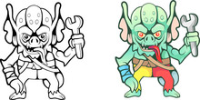 Cartoon Funny Gremlin With A Wrench In His Hand