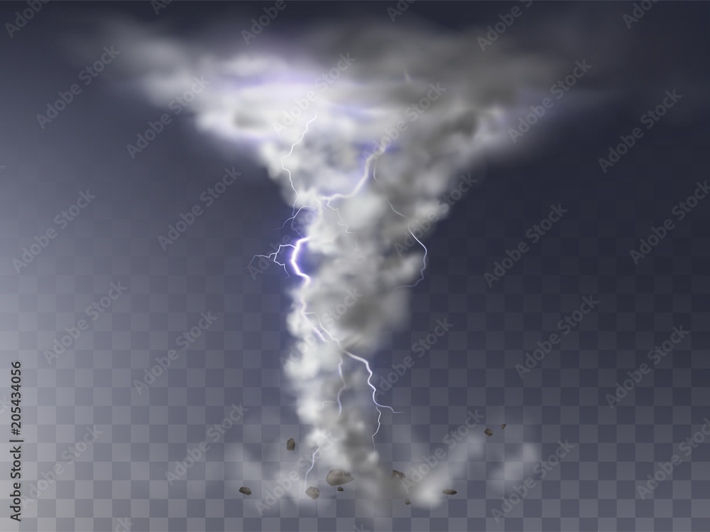Vector illustration of realistic tornado with lightning, destructive ...