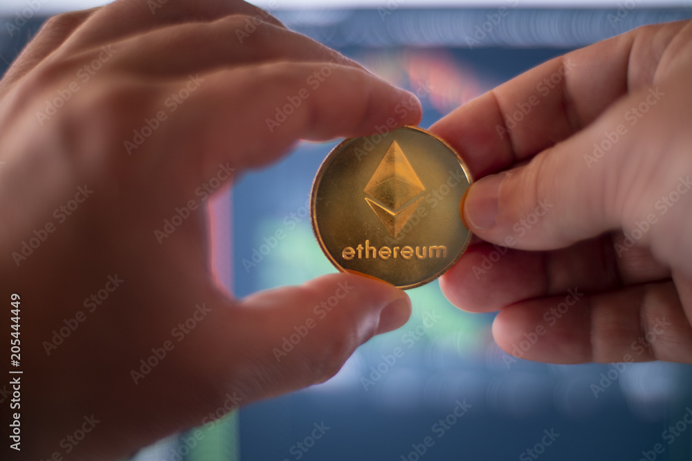 Ethereum Ether ETH Crypto Currency Token Altcoin Digital Money Two Person Financial Transaction Concept
