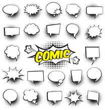 Big Set Of Cartoon,Comic Speech Bubbles, Empty Dialog Clouds With Halftone Dot Background In Pop Art Style. Vector Illustration For Comics Book , Social Media Banners, Promotional Material