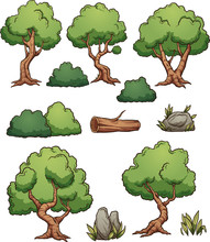 Cartoon Forest Trees, Bushes, Hedges And Rocks. Vector Clip Art Illustration With Simple Gradients. Each On A Separate Layer. 