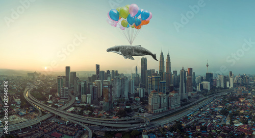 Fotografie, Obraz Whale floats in the air above the clouds with bunch of colorful balloons
