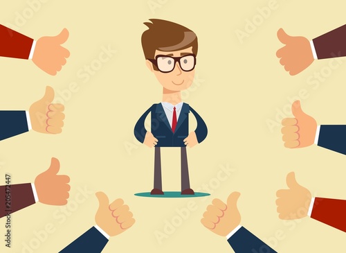 Fotografía Happy and proud businessman with many thumbs up hands around him