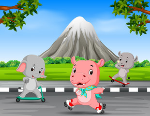 Sticker - three animals playing in the road with mountain scenery